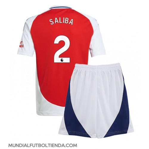 Camiseta Arsenal William Saliba #2 Primera Equipación Replica 2024-25 para niños mangas cortas (+ Pantalones cortos)